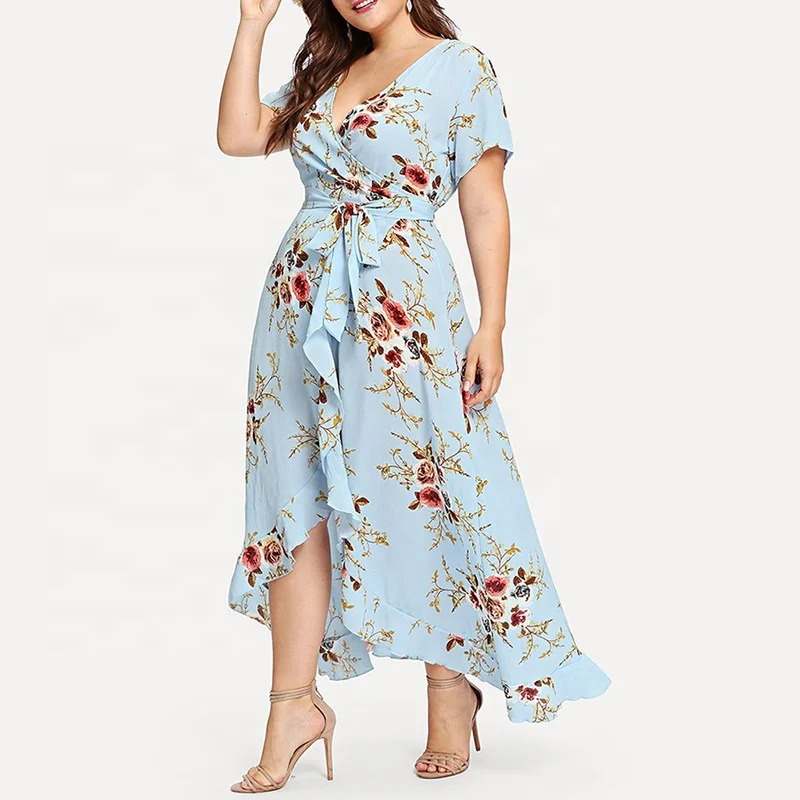 Plus Size Womens Floral Dresses Empire Waist Top Beach Sundress  Asymmetrical High Low Skirt Bohemian Attire Hawaiian Maxi Dress