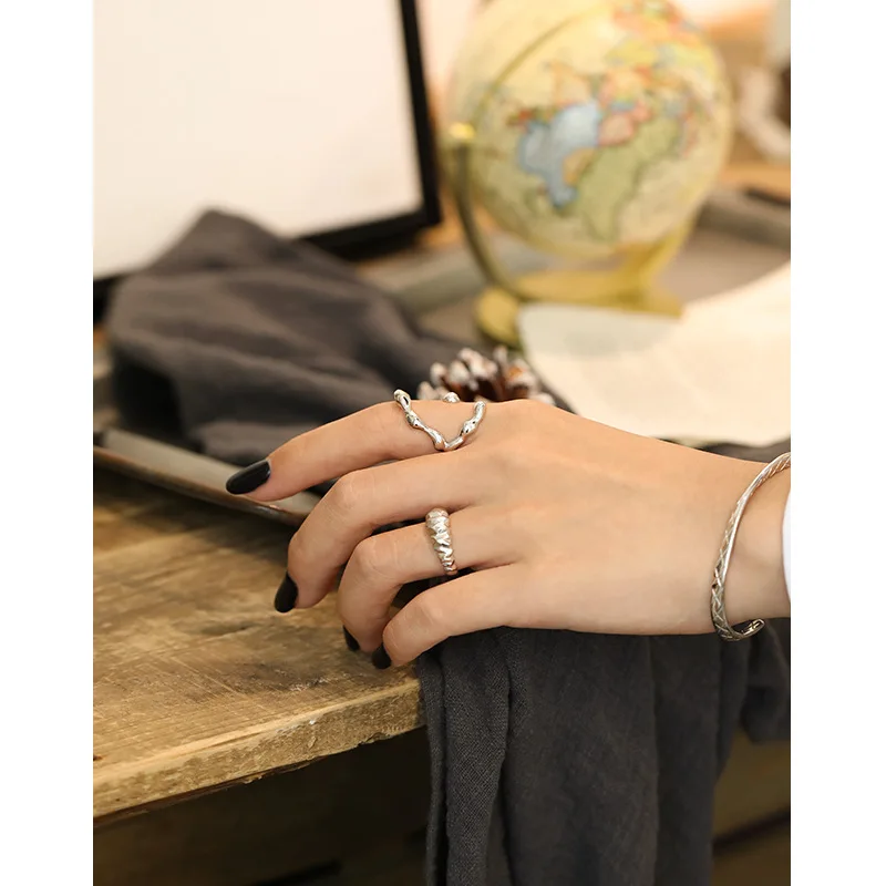 South Korean Version of Instagram minimalist 18K gold plated S925 sterling silver ring bracelet jewelry set for women