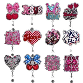 Sparkling Acrylic Pink Red Medical Jesus Mother's Day Ribbon Rugby Cherry Badge Reel for Decoration Accessories