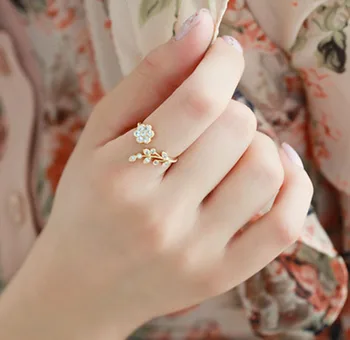 New Design Fashion Women Finger Non Adjustable Silver Gold Jewelry Leaves Flower Branch Crystal Ring