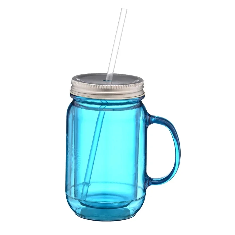 20oz Plastic Mason Jar Mug With Handle And Straw Cups With Lids Double