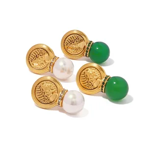 High-End 18K Gold Plated Coin Silver Drop Earrings with Embossed Stamp Green Agate White Pearl Zircon Pendant Trendy Unisex
