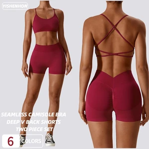 For YISHENHON Women's 2PCS Yoga Set High Impact Seamless Gym Fitness Bra High Waist Biker Shorts Scrunch Butt Bra Shorts Solid N