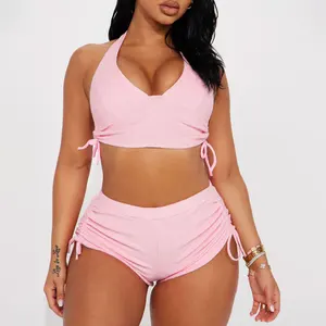 Huili Swimwear Manufacturer Oem High Quality Women Towel Drawstring Two Piece Beachwear Swimwear Custom logo Bikini Shorts Women