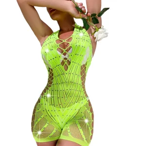 Cross-Border Foreign Trade New Satin Bodysuits Lace Decoration Hot Selling Hanging Neck Conjoined Mesh Hip Shorts ODM Supply