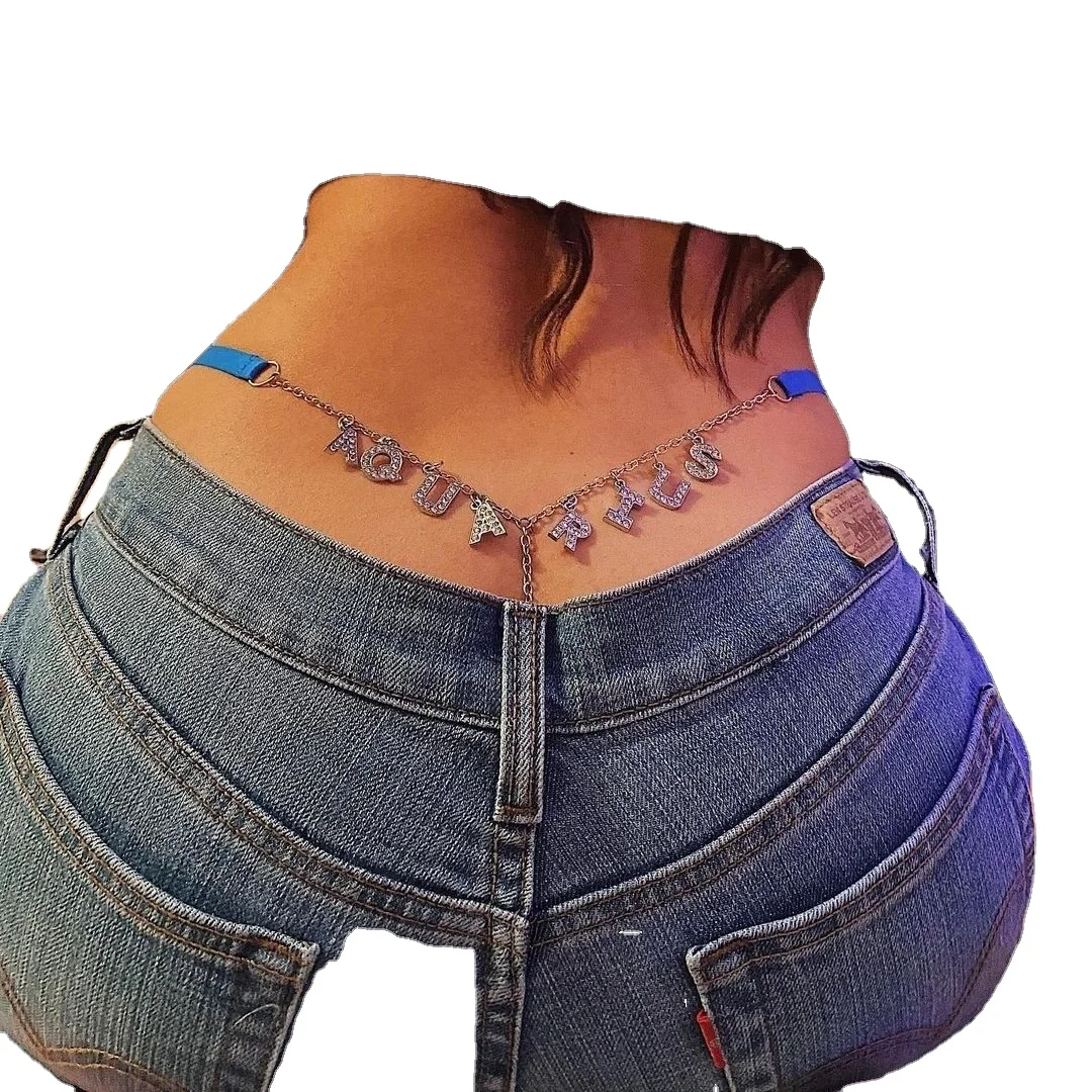 Ins Hot Sale Customized Zodiac Girl Jewelry Rhinestone Crystal White Letter Bikini Sexy Chain G String Panty Thong for Women