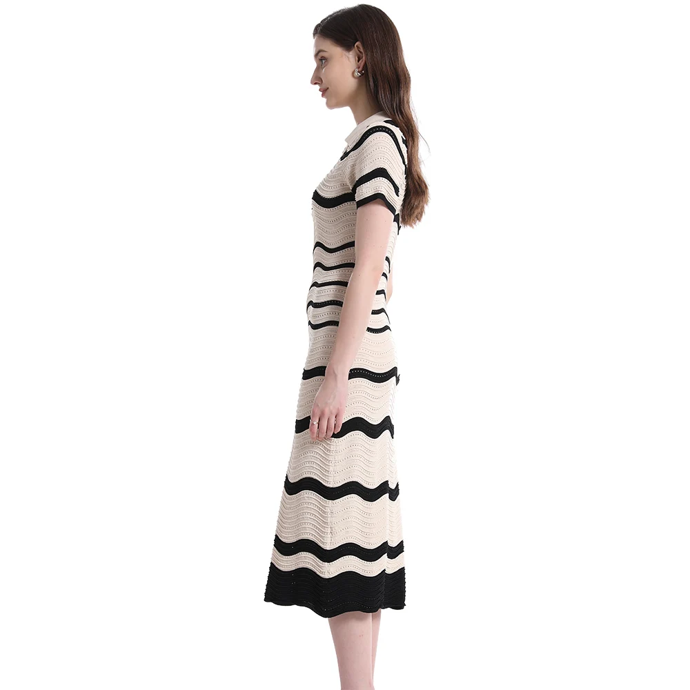 Knit Dress Manufacturer Custom Spring Summer High Low Texture Zigzag Wave Stitch Stripe Sweater Dress