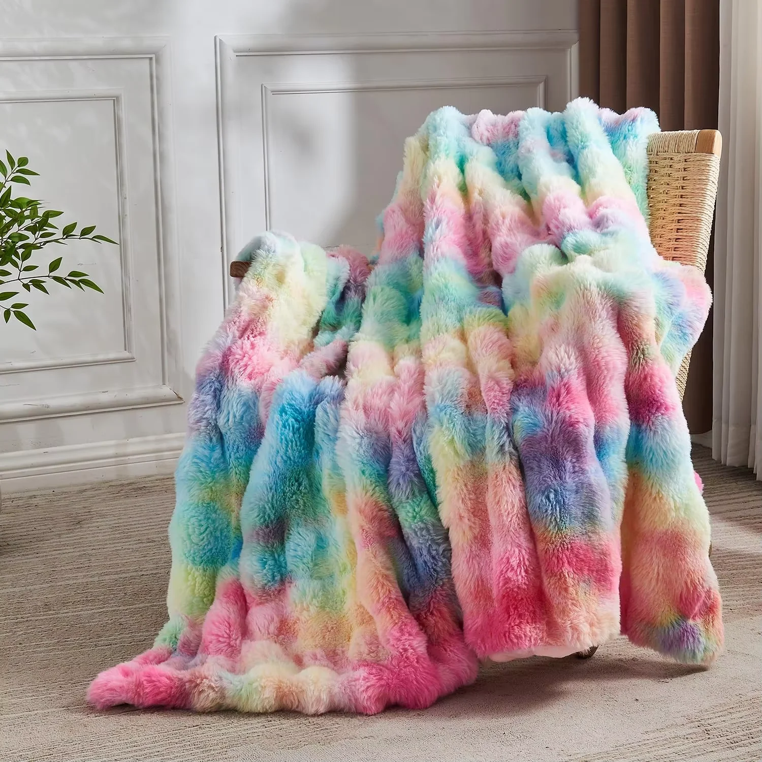 1000GSM Faux Fur Throw Blanket Fluffy Soft Bubble 50''*60'' Tie-Dye Grey Cozy Plush Warm Thick Rabbit Lola Blanket for Couch Bed