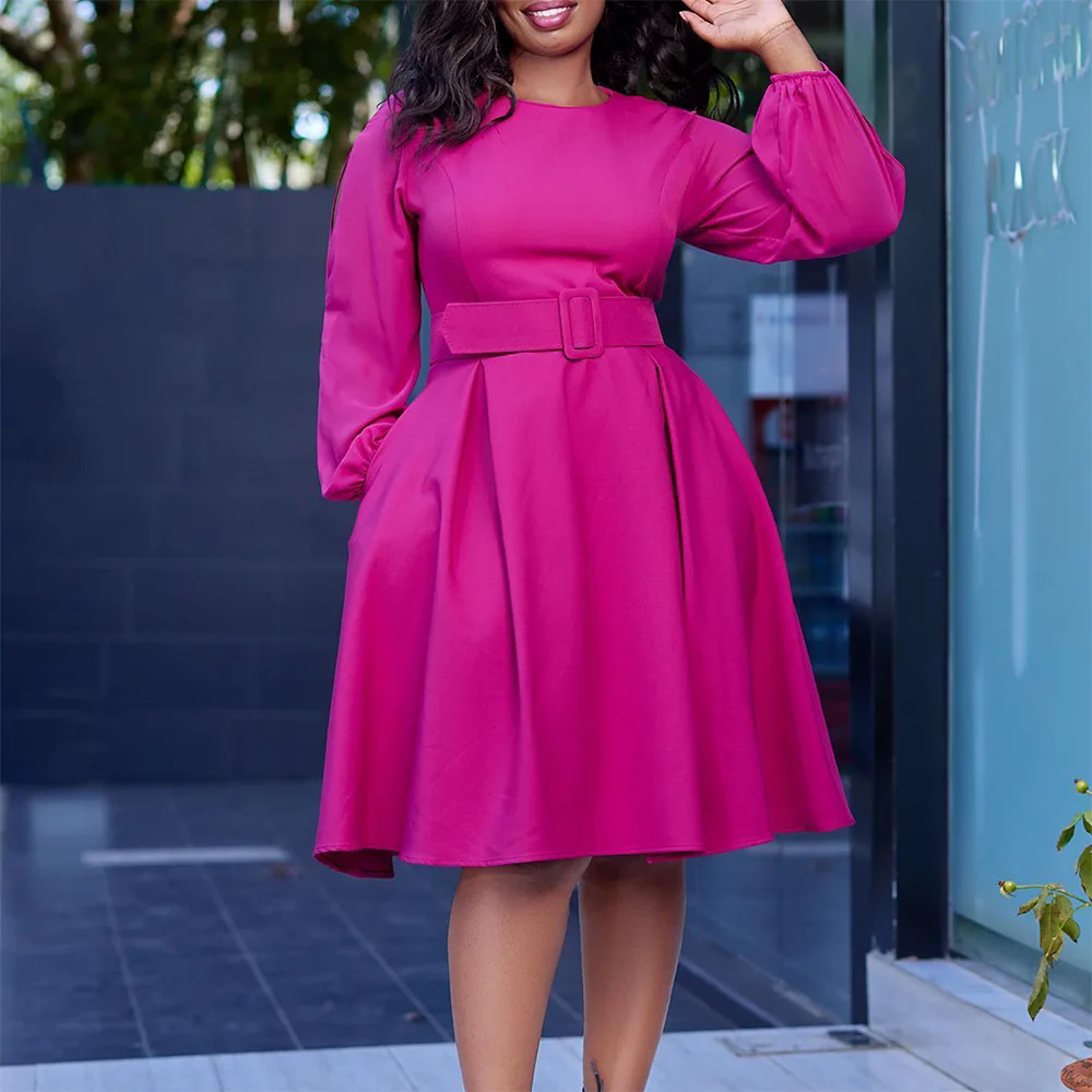 D418 Latest Design African Dresses for Women Clothing O Neck A-line Dresses  Women Lady Elegant Autumn Winter Dress With Belt