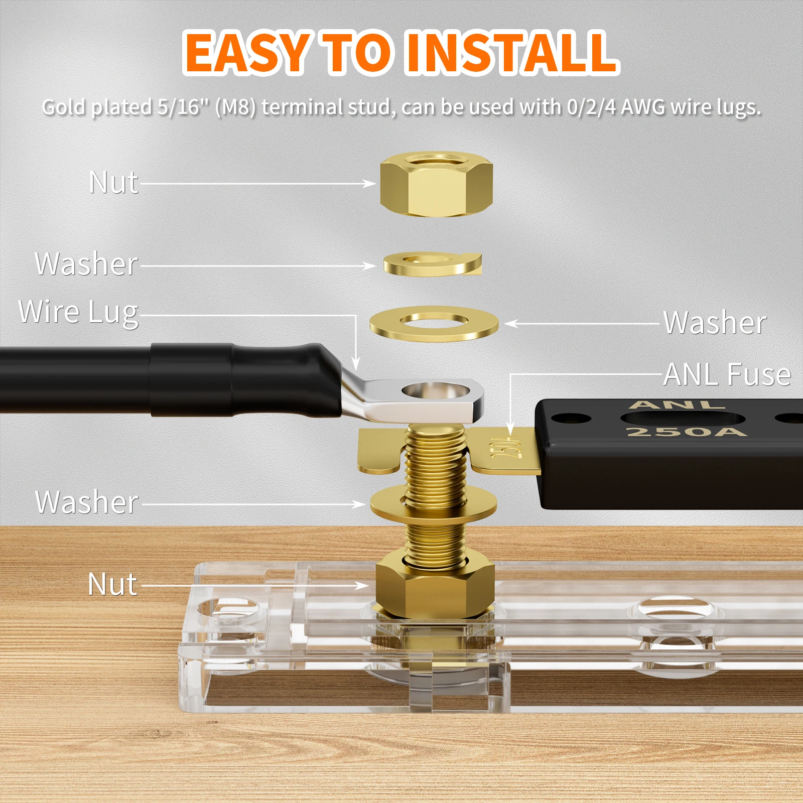 Audiopipe CQ-1100 Heavy Duty ANL Fuse Holder – 24K Gold Finish, 500A, 4 Gauge