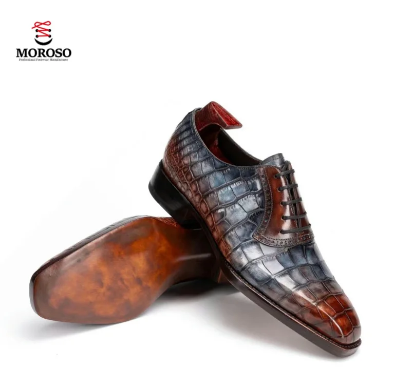 Handmade Ancient Method Brushing Two Tone Oxford American Crocodile Leather  Business Luxury High End Customized Leather Shoes