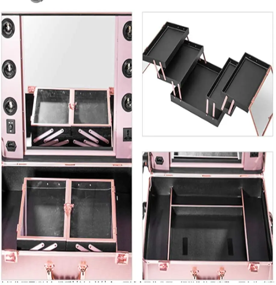 Cosmetic Case Box LED Mirror Lighted Makeup Travel Suitcase Artist Portable Dressing Table with Legs Rolling Luggage