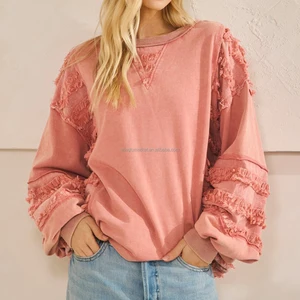 Trendy Pullover Pink Fringe Ruffle Sleeve Oversized Long Sleeve Autumn Women Sweatshirt