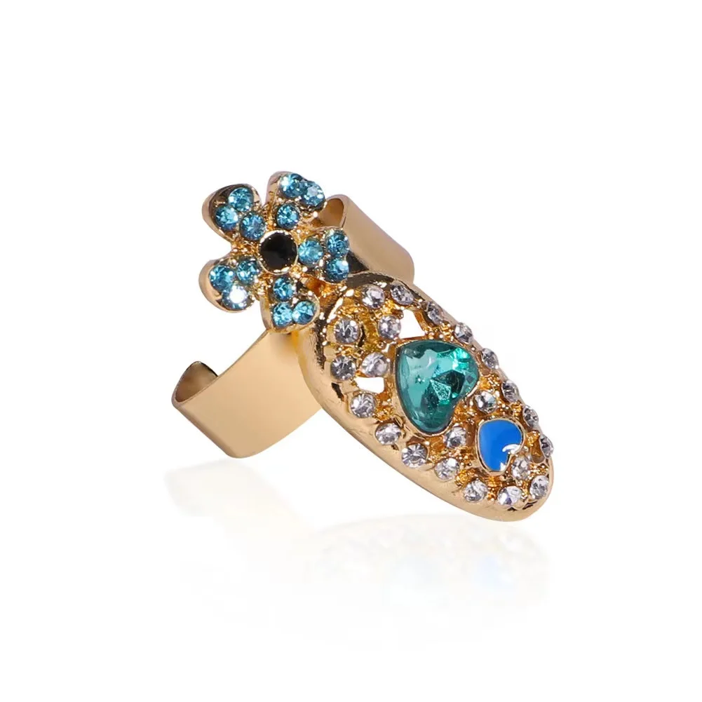Punk Style Crystal Gold Plated Crown Flower Open Adjustable Luxury Nail Finger Rings Jewelry
