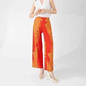 2025 Women Fashion Pleated Pants Miyake Style Elastic Printed Design Loose Casual Wide Leg Summer High Waist Women Pants