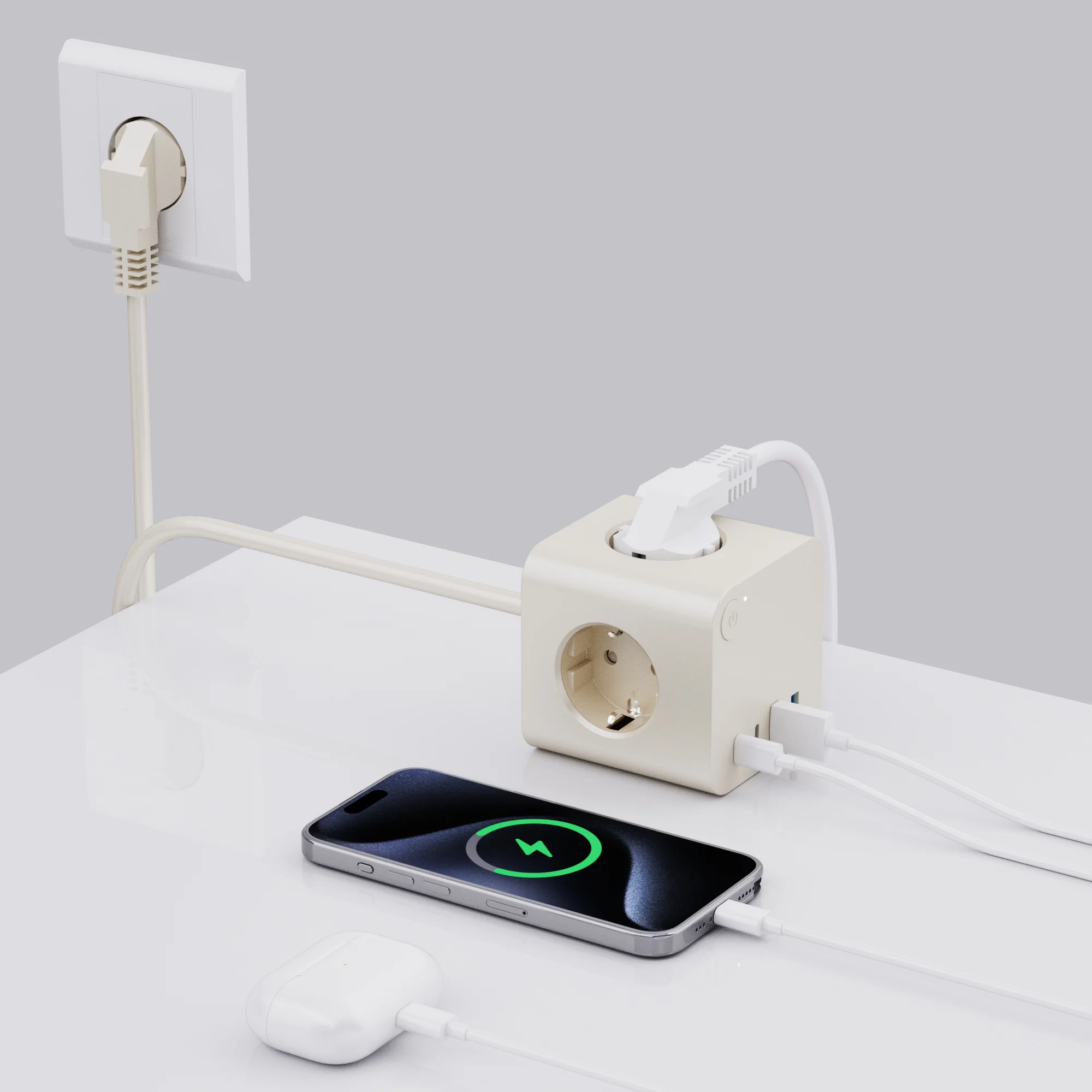 KC Portable Cube Power Socket EU Standard Smart Plug with 3 AC Outlets 2 USB and 2 TYPE-C 16A Rated Current 1.4M Cable