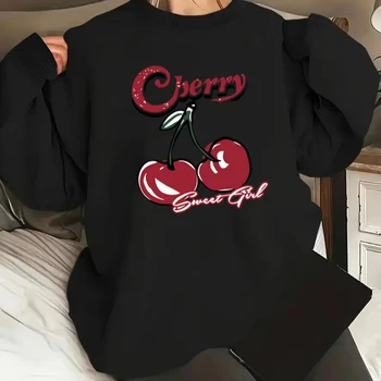 Wholesale Women's Cherry Print Hoodie -100% polyester casual crew neck long sleeve pullover with pumpkin print sweatshirt