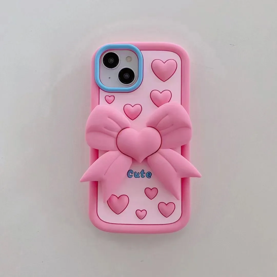 Laudtec Cute Pink Stereoscopic Bow Phone Case for iPhone 15 and 14 Stylish Mobile Phone Cover