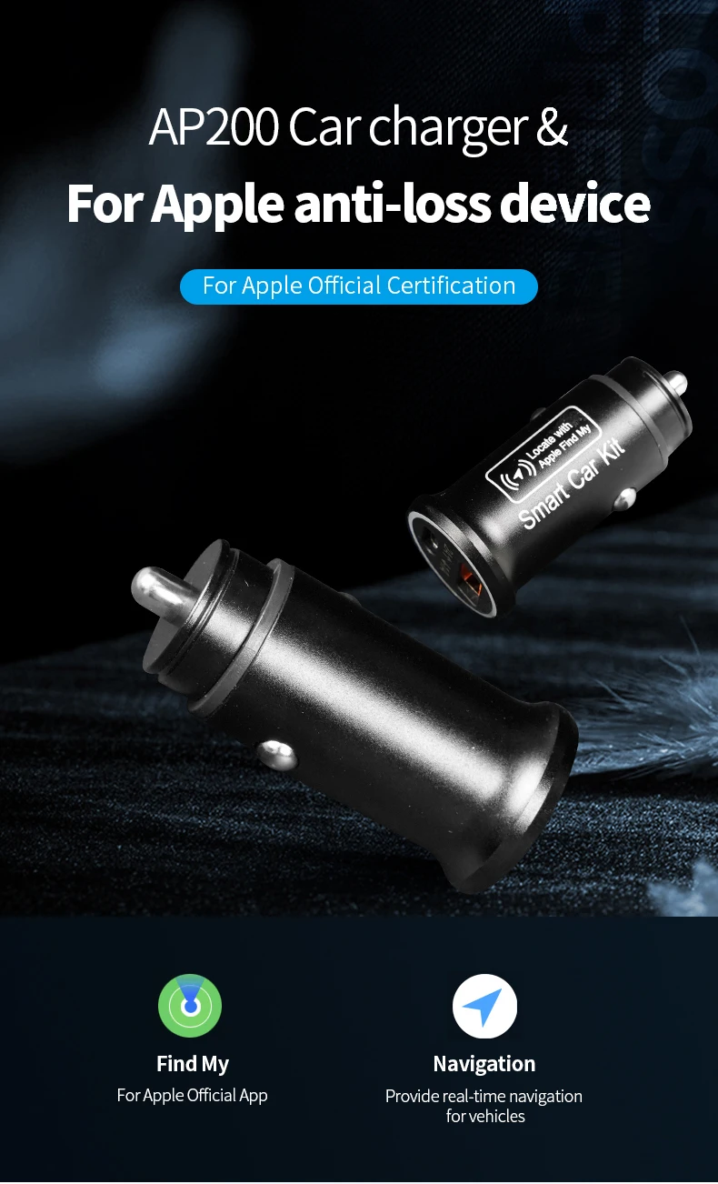 MFi Made iOS GPS Locator Wireless Car Charger PD 20W USB Type-c Anti-Loss Dashboard Dashboard for Apple Find My App 1-Year