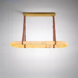 Modern Minimalist Leather Hanging Lamp Ring Marble Pendant Light Natural Alabaster Copper Chandelier