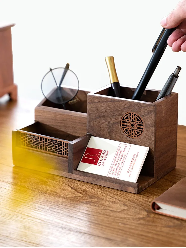 Table Pen Box Wooden Multifunctional Desk Organizer Pen Holder Storage Box Container ...