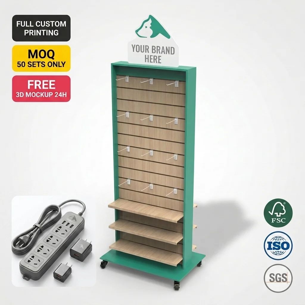 Suporte de Exibição Personalizado em Madeira para Fita de Tomadas, de Pé, para Acessórios 3C — Prateleira de Exibição para Varejo com Ganchos e Prateleiras, Logotipo Personalizado, Fabricação sob Encomenda (OEM) e Desenvolvimento sob Encomenda (ODM)