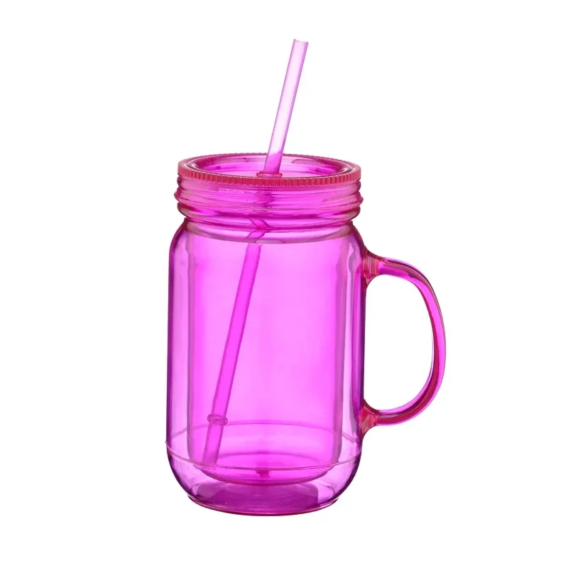 20oz Plastic Mason Jar Mug With Handle And Straw Cups With Lids Double