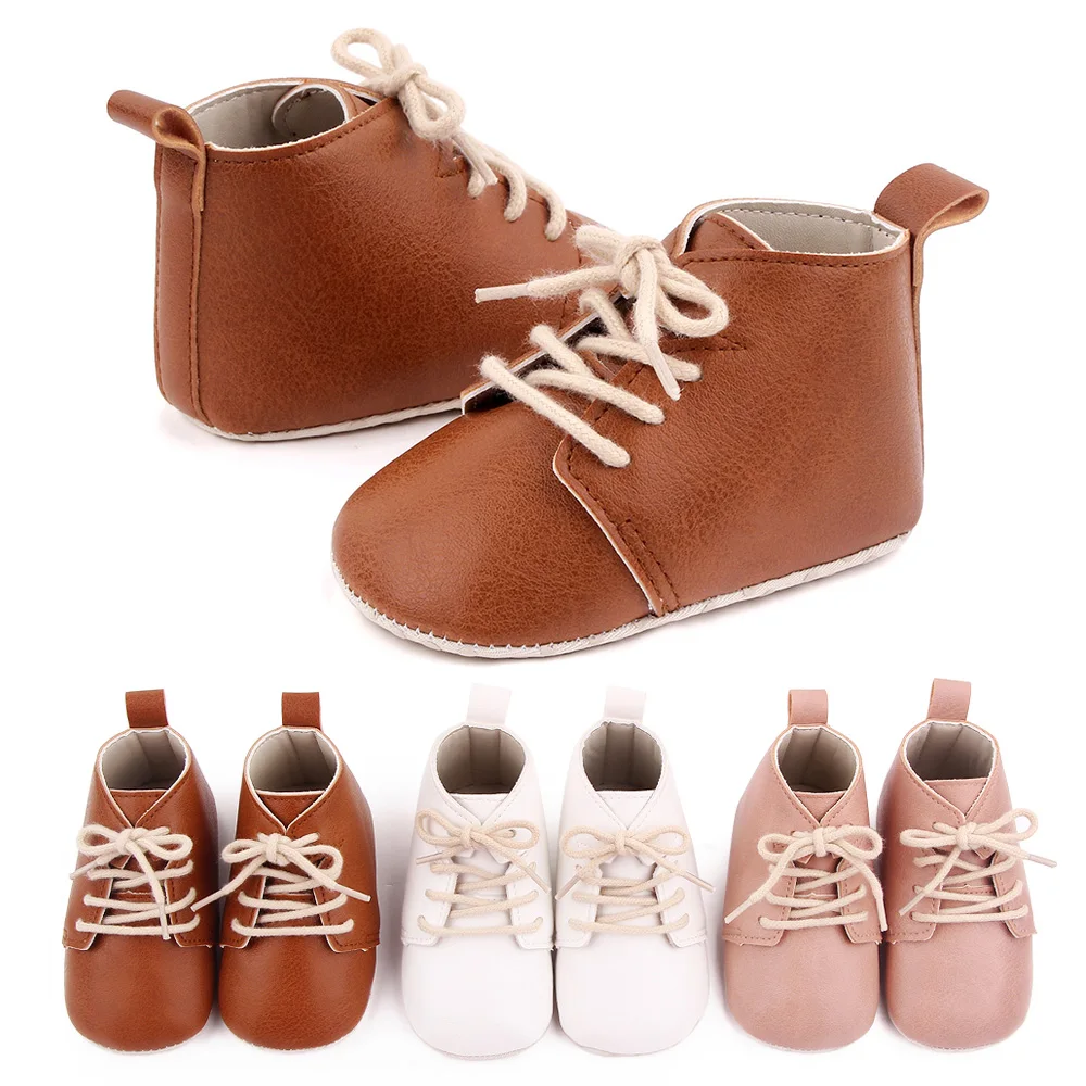 Spring and Autumn Baby Girls PU Leather British Style Front Lace-up Solid Color Infants Walking Shoes details