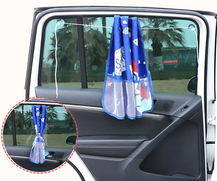 Car Side Window Sunshade Curtain Cartoon Adjustable UV Protection Curtain Sun Visor Blinds Cover With Storage Pocket For Baby