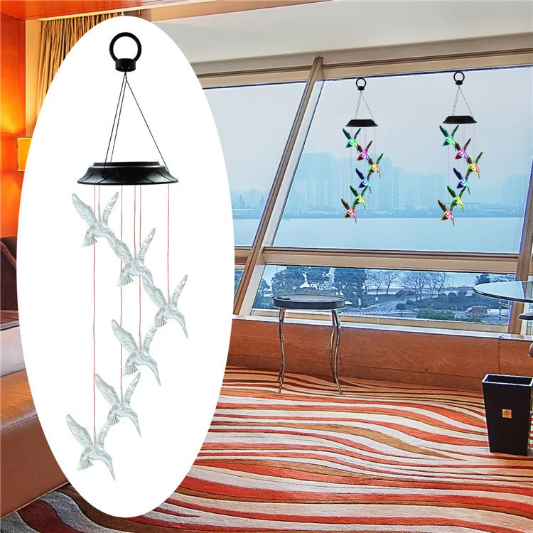 Humming Bird RGB Color Changing Solar Wind Chime Light Outdoor Waterproof LED Solar Light Manufacturer