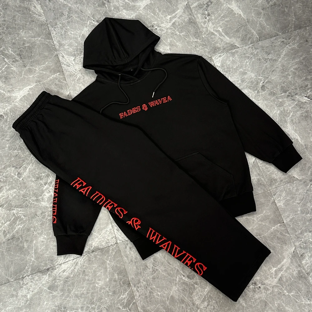 Custom Winter Printed High Street Casual Sports 100% Cotton Fleece 2 1 Hooded Sweatshirt Baggy Sweatpants Jogging Suit Pullover