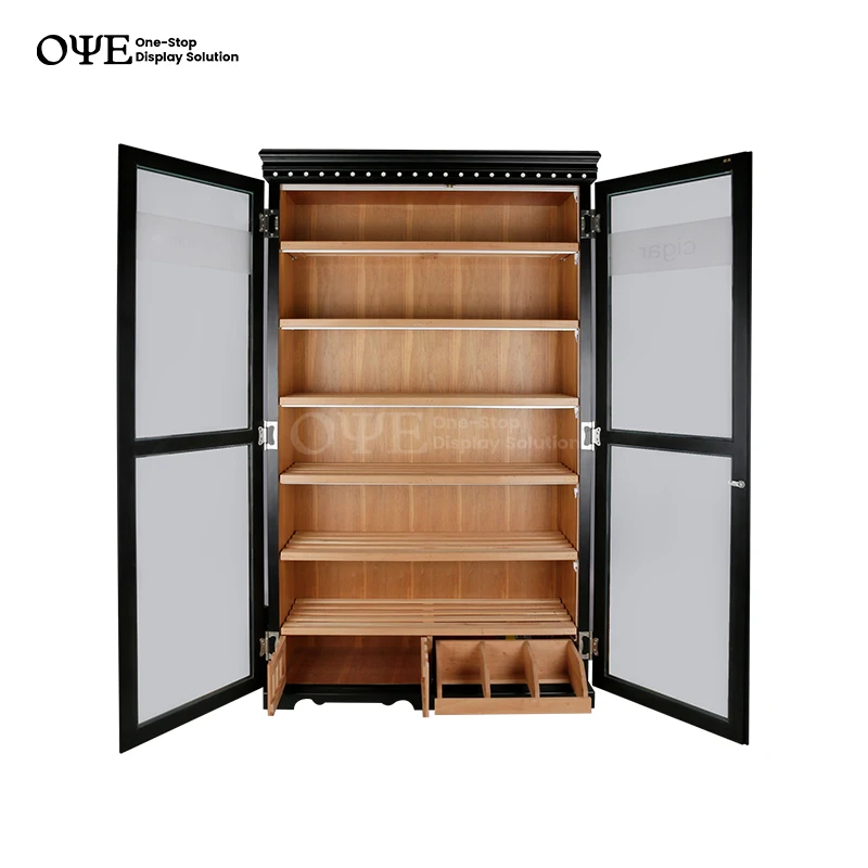 Wooden Cigar Showcase Display Mirror Black Double Glass Display