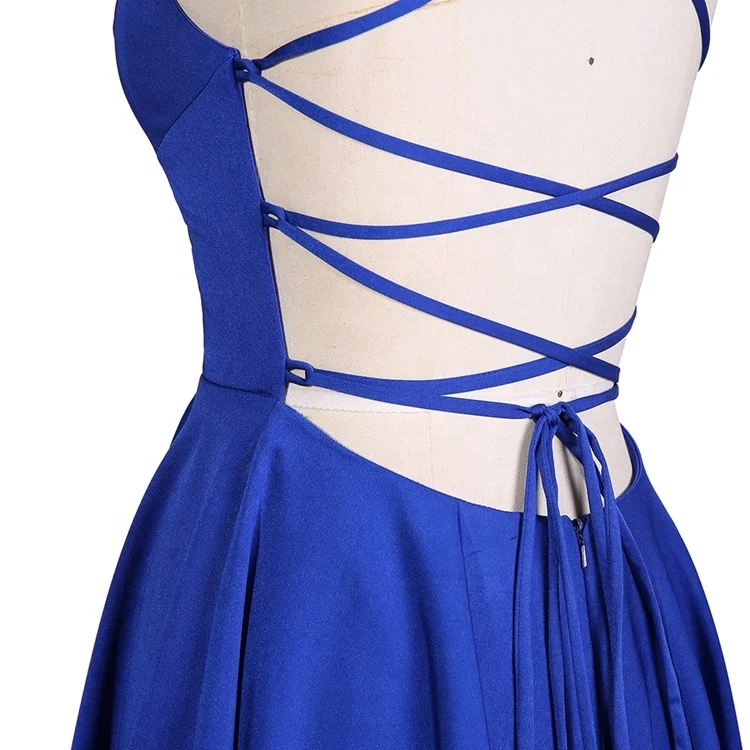Nice Satin Width Pink Royal Blue Women V Neck Sleeveless Short Lace up Mini  a Line Homecoming Birthday Party Dress With Pockets