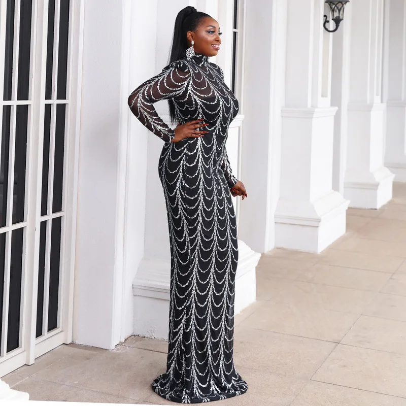 Long Sleeve Sequin Evening Dress Black 