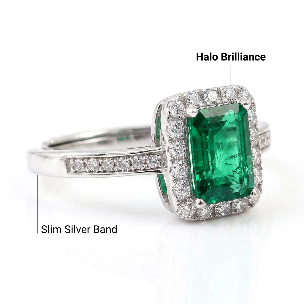 Forever Star 925 Sterling Silver Lab-grown Emerald Rectangular Emerald Cut Center Stone Prong Set Wedding Ring Gemstone