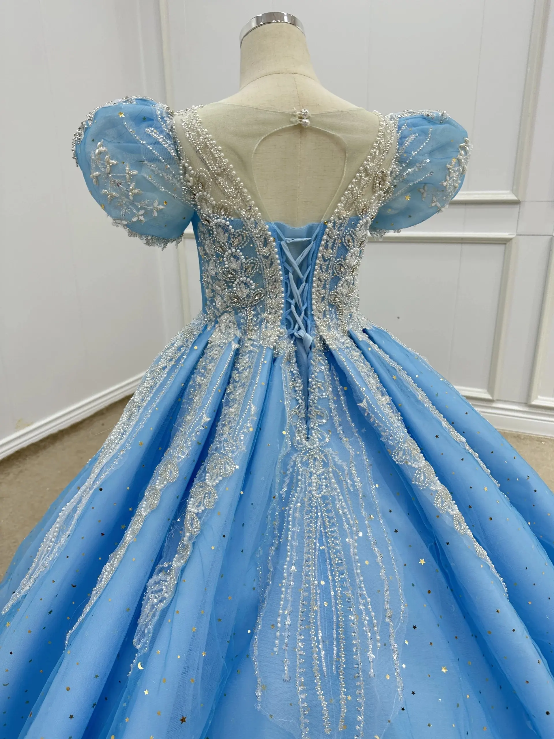 Gorgeous Lake Blue Princess Dress For Girls – Off Shoulder Tulle Pageant Gown With Beaded Straps - View #2