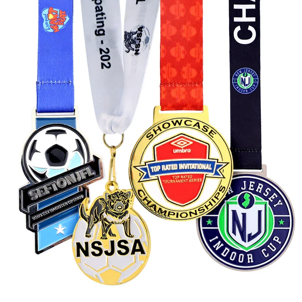 Medalha de Campeonato de Futebol Personalizada de Fábrica com Fita, Medalha de Premiação Esportiva em Liga Metálica, Medalha de Futebol Esmaltada em Metal