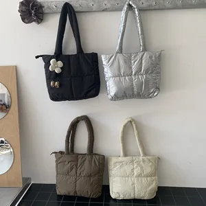 Large Capacity Soft Warm Puff Handbag Pure Color  Large Tote Shoulder Shopping Shopper Bag