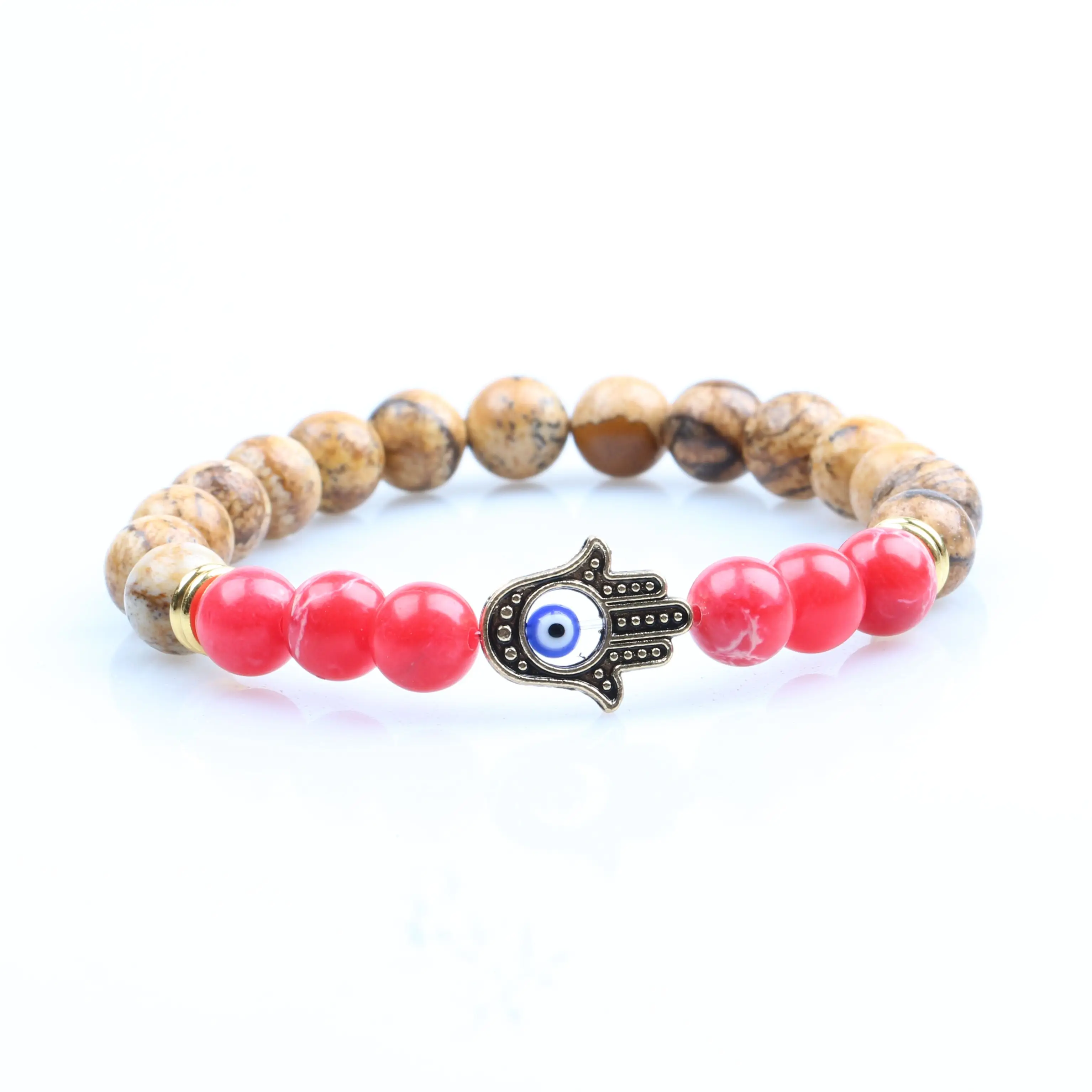 出厂价批发土耳其眼睛hamsa魅力天然松散石珠男士弹性手链