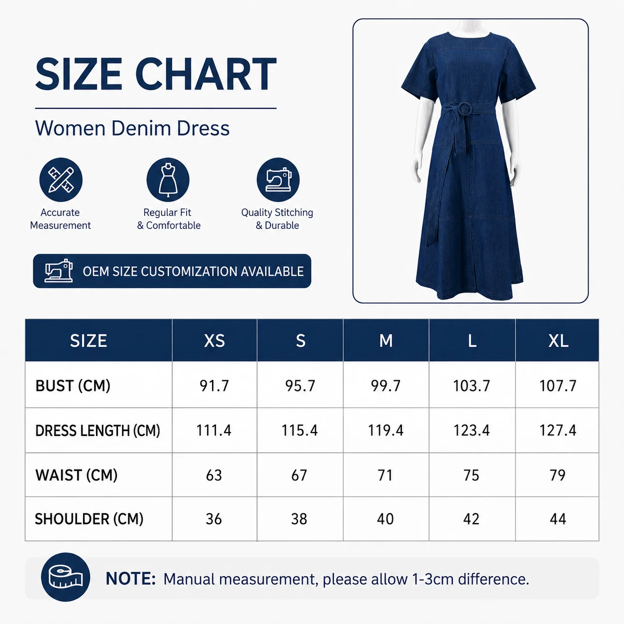 OEM ODM Summer Midi Denim Dresses Cotton Blend Dark Wash Casual Breathable Plus Size Women Dresses