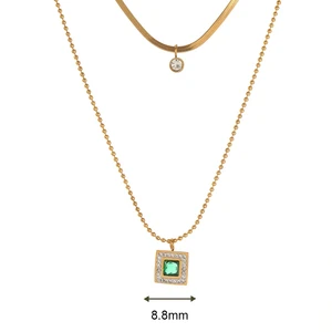 Stainless Steel CZ Square Pendant Necklace Snake-Shaped Flat Chain Double-Layer Green Zircon Pendant Wholesale Necklace