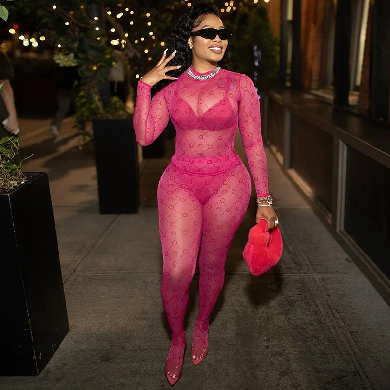 2022 Mesh See Through Slim Two Piece Sets Long Sleeve O Neck Top Pants Sexy Summer Womens 2 Piece Sets