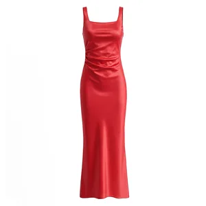 European and American Style New Women's Vintage Empire Waist Square Collar Sleeveless Fishtail Strap Pleated Polyester Dress