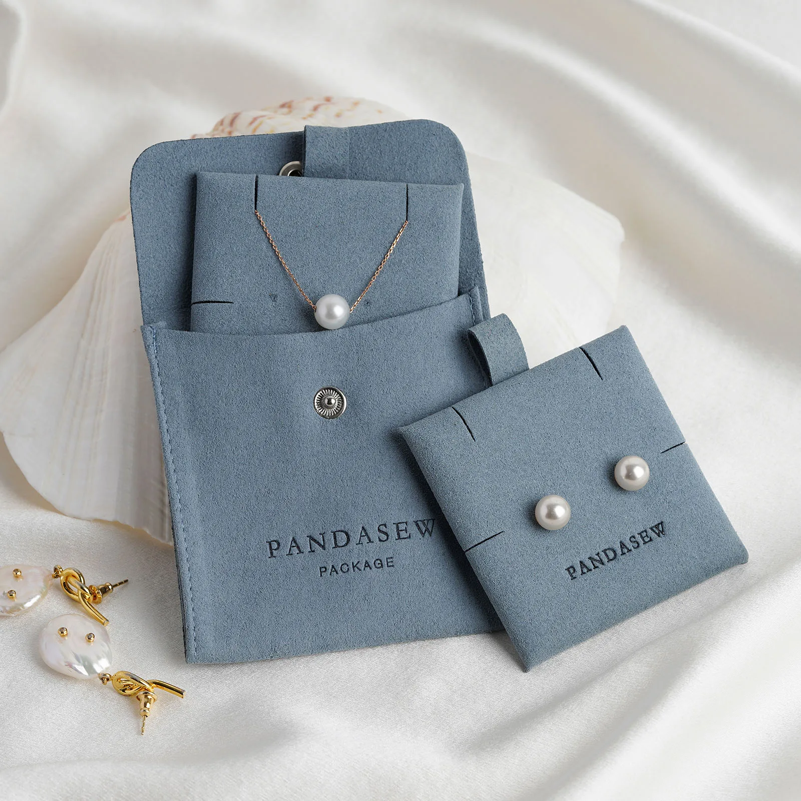 PandaSew Custom Logo Microfiber Snap Button Jewelry Bag for Earrings Rings Necklace with Insert Pad Jewelry Pouch