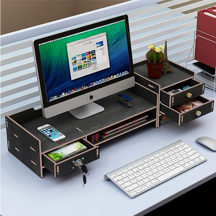 Verstellbarer Holz-Monitorstnder Bambus-Monitorstnder fr Computer,  Laptop, Drucker, Schreibtisch-Organizer mit 3 Aufbewahrungsschubladen