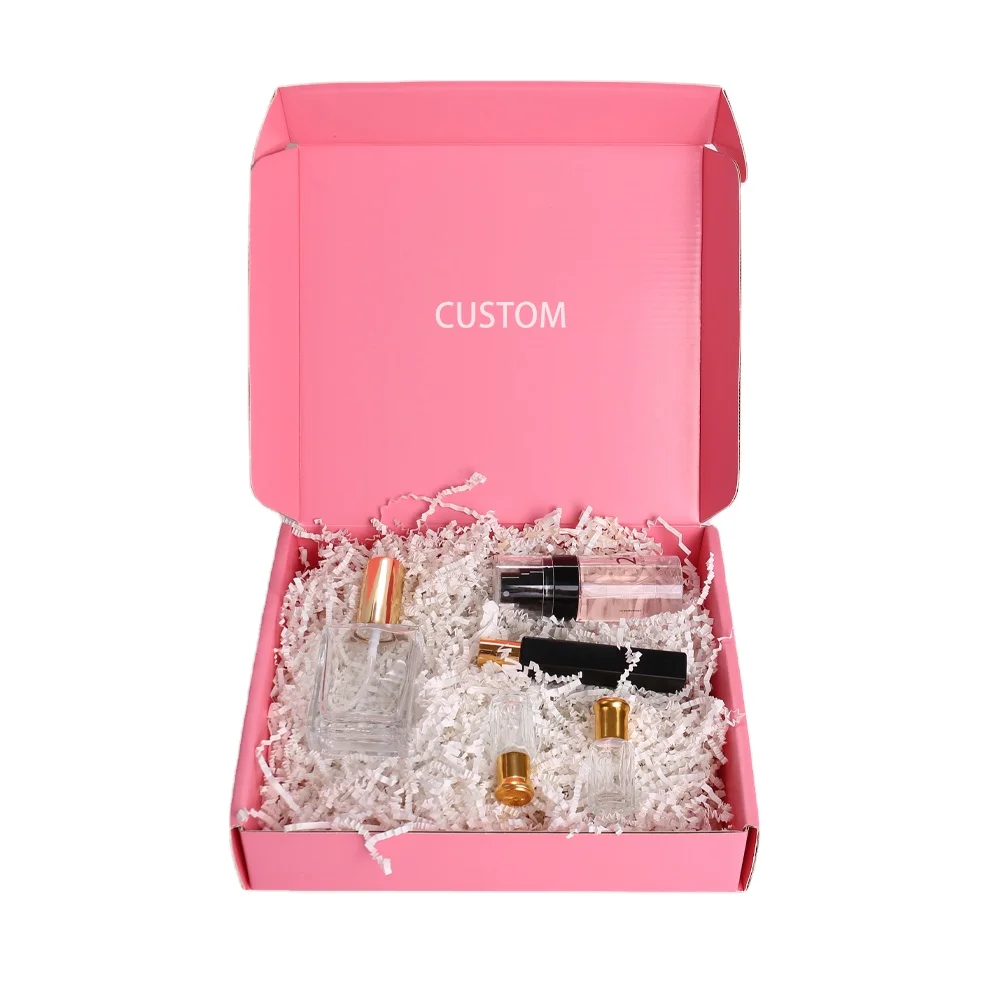 product custom pink corrugated cardboard folding mailer box for cosmetics for lipstick packaging with embossing handling-2