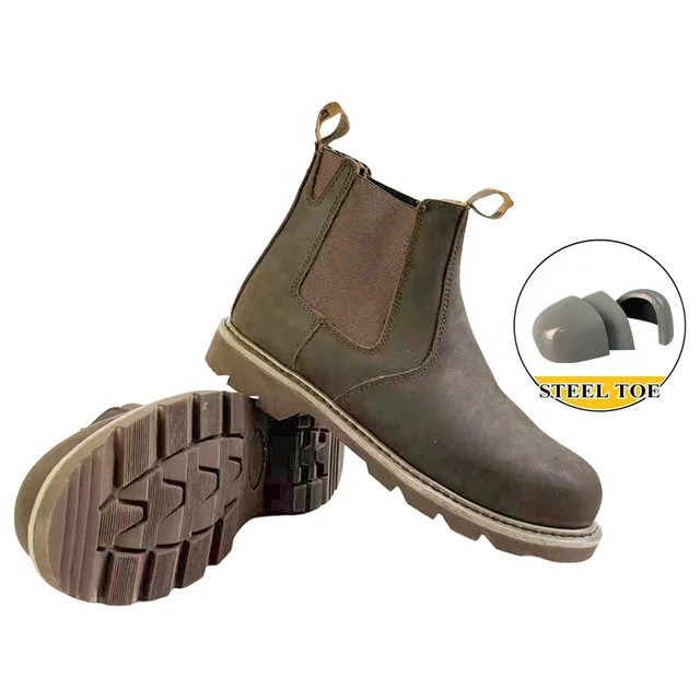 Factory Outlet Chelsea work Boots with Steel Toe antislip  Brown Crazy-Horse Cow Leather mid cut Goodyear Welt Safety shoes