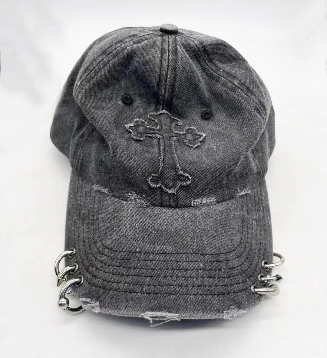 Street Style Iron Ring Torn Holes Fashion Design Washed Vintage Hat Custom Embroidery Logo Hats Men Baseball Caps