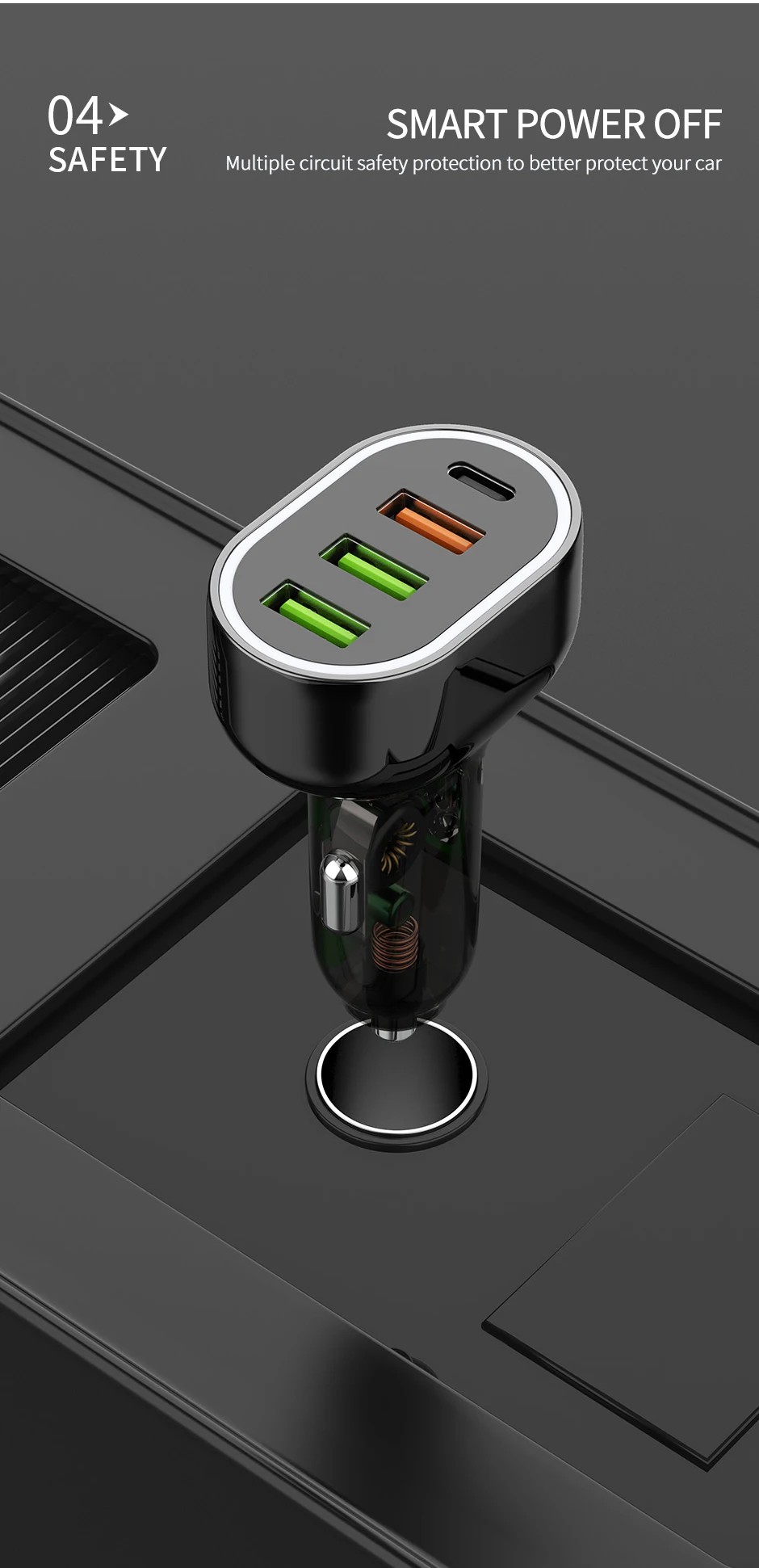 APPACS C68 车载充电器,带三个 USB-A 和一个 USB-C 接口,63W 快速充电,RoHS 和 CE 认证