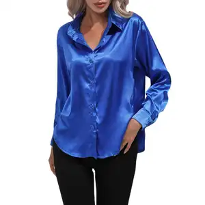 Womens Satin Shirts Solid Color Basic Casual Blouses Elegance Long Sleeve Lapel Button Up Office Top